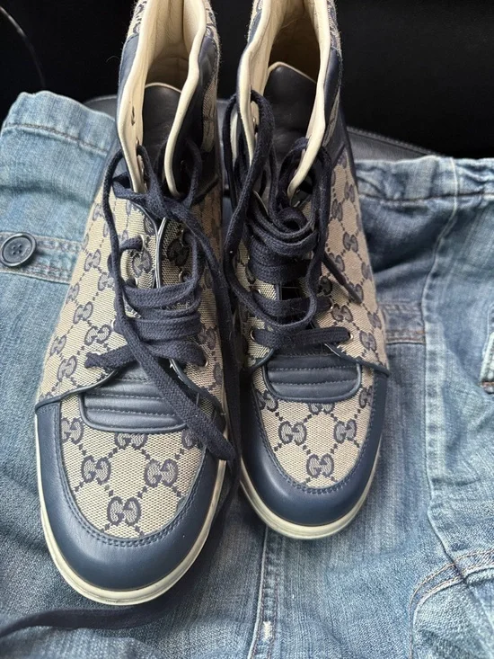 Gucci Navy and Cream GG Canvas High-Top Sneakers size 11 US MEN - Picture 1 of 6